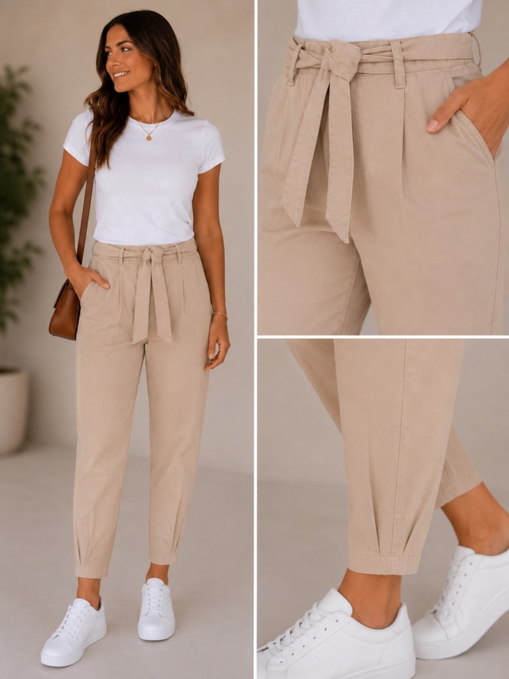 Guess Beige High-Rise Tie-Waist Cropped Chino Pants